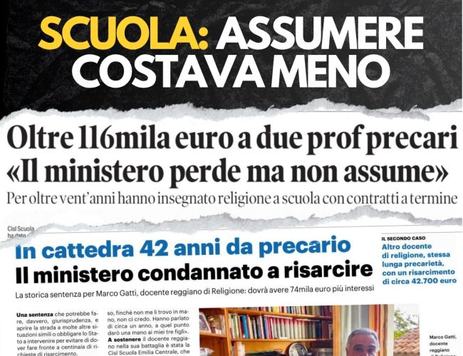 SCUOLA, DUE SUPER PRECARI REGGIANI RISARCITI CON 116 MILA EURO. “IL MINISTERO PERDE IN TRIBUNALE INVECE DI ASSUMERE”