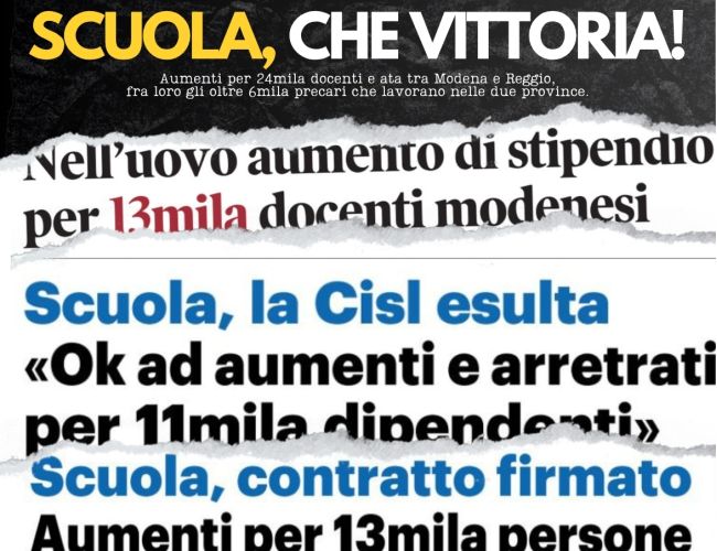 SCUOLA, CHE VITTORIA! AUMENTO PER DOCENTI E ATA MODENESI E REGGIANI. IN QUATTRO MESI 260 EURO LORDI E 2.400 EURO DI ARRETRATI